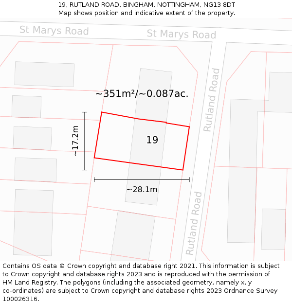 19, RUTLAND ROAD, BINGHAM, NOTTINGHAM, NG13 8DT: Plot and title map