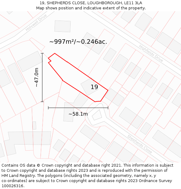 19, SHEPHERDS CLOSE, LOUGHBOROUGH, LE11 3LA: Plot and title map