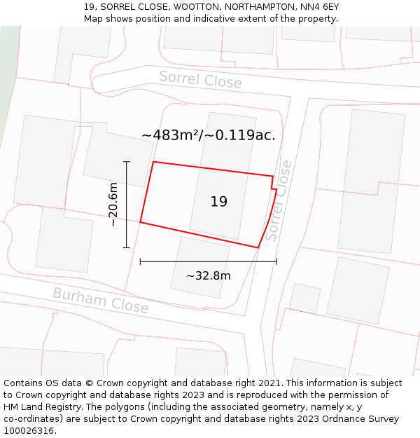 19, SORREL CLOSE, WOOTTON, NORTHAMPTON, NN4 6EY: Plot and title map