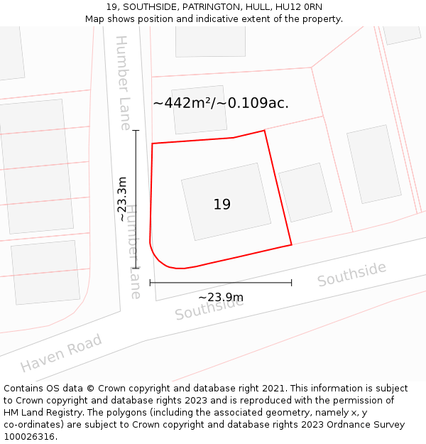 19, SOUTHSIDE, PATRINGTON, HULL, HU12 0RN: Plot and title map