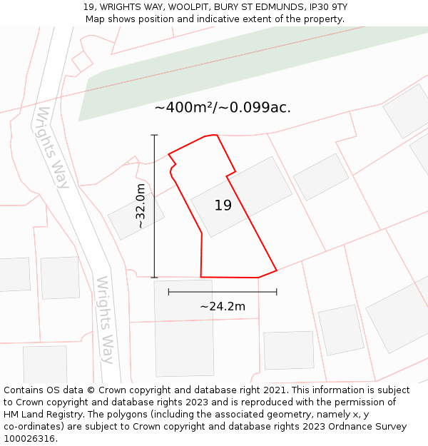 19, WRIGHTS WAY, WOOLPIT, BURY ST EDMUNDS, IP30 9TY: Plot and title map