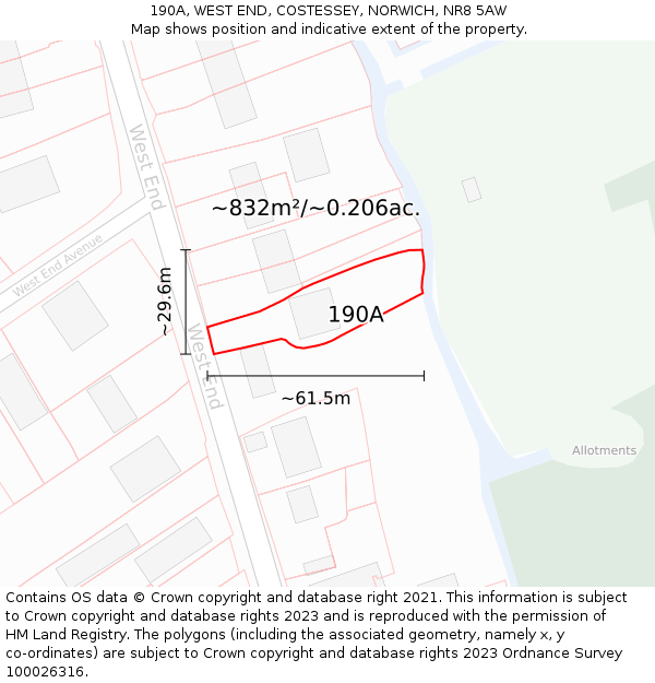 190A, WEST END, COSTESSEY, NORWICH, NR8 5AW: Plot and title map