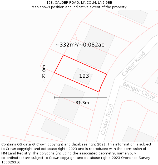 193, CALDER ROAD, LINCOLN, LN5 9BB: Plot and title map