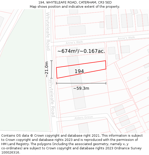 194, WHYTELEAFE ROAD, CATERHAM, CR3 5ED: Plot and title map