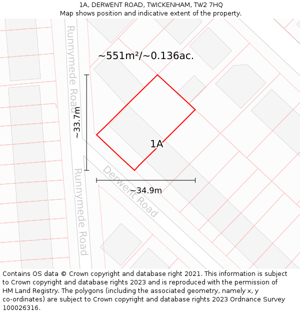 1A, DERWENT ROAD, TWICKENHAM, TW2 7HQ: Plot and title map