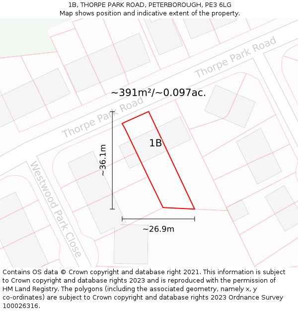 1B, THORPE PARK ROAD, PETERBOROUGH, PE3 6LG: Plot and title map