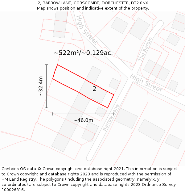 2, BARROW LANE, CORSCOMBE, DORCHESTER, DT2 0NX: Plot and title map