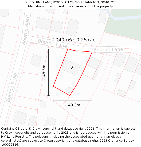 2, BOURNE LANE, WOODLANDS, SOUTHAMPTON, SO40 7GT: Plot and title map