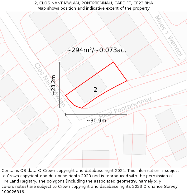 2, CLOS NANT MWLAN, PONTPRENNAU, CARDIFF, CF23 8NA: Plot and title map