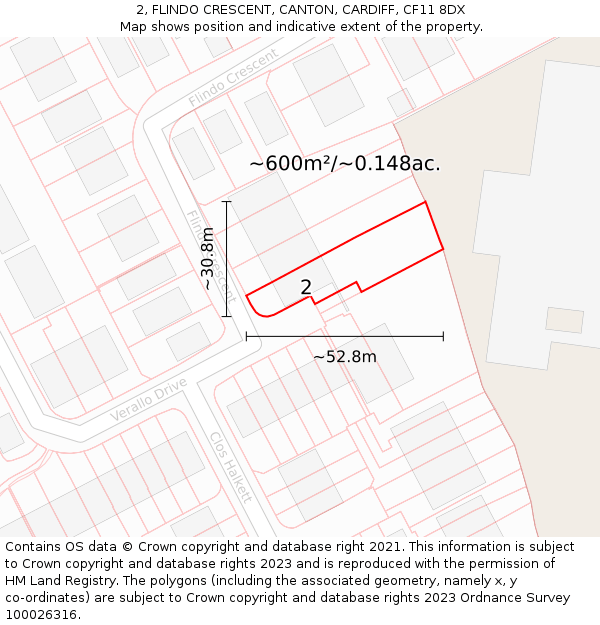 2, FLINDO CRESCENT, CANTON, CARDIFF, CF11 8DX: Plot and title map