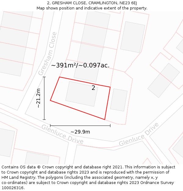 2, GRESHAM CLOSE, CRAMLINGTON, NE23 6EJ: Plot and title map