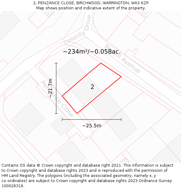 2, PENZANCE CLOSE, BIRCHWOOD, WARRINGTON, WA3 6ZP: Plot and title map