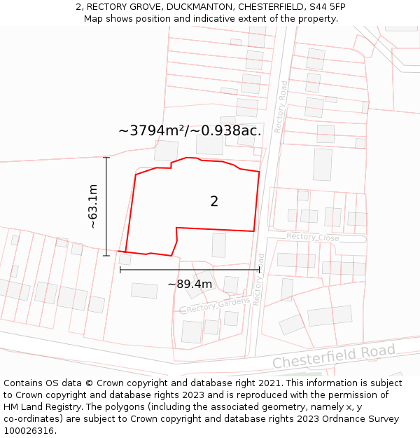 2, RECTORY GROVE, DUCKMANTON, CHESTERFIELD, S44 5FP: Plot and title map