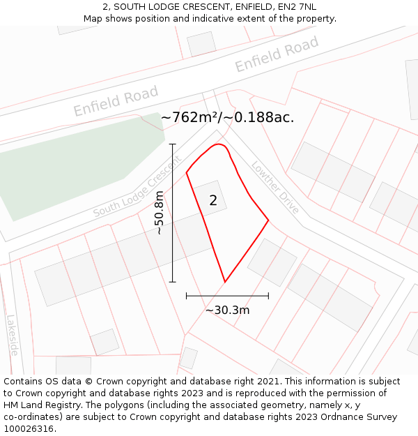 2, SOUTH LODGE CRESCENT, ENFIELD, EN2 7NL: Plot and title map