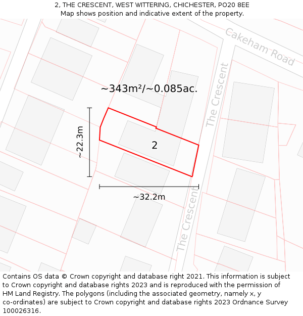 2, THE CRESCENT, WEST WITTERING, CHICHESTER, PO20 8EE: Plot and title map