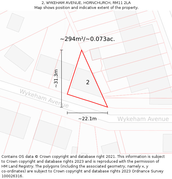 2, WYKEHAM AVENUE, HORNCHURCH, RM11 2LA: Plot and title map