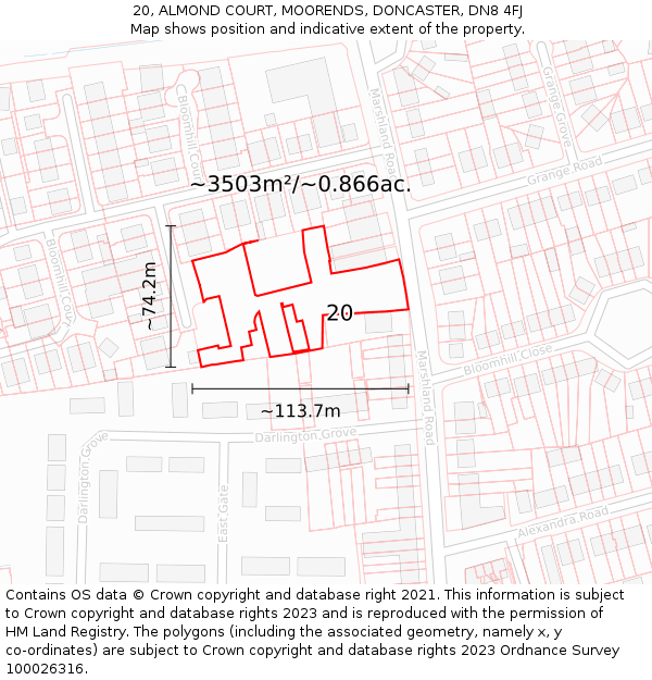 20, ALMOND COURT, MOORENDS, DONCASTER, DN8 4FJ: Plot and title map