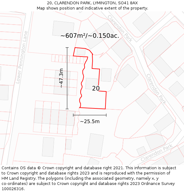 20, CLARENDON PARK, LYMINGTON, SO41 8AX: Plot and title map