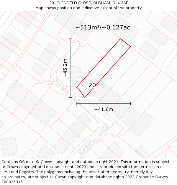 20, GLENFIELD CLOSE, OLDHAM, OL4 3AB: Plot and title map