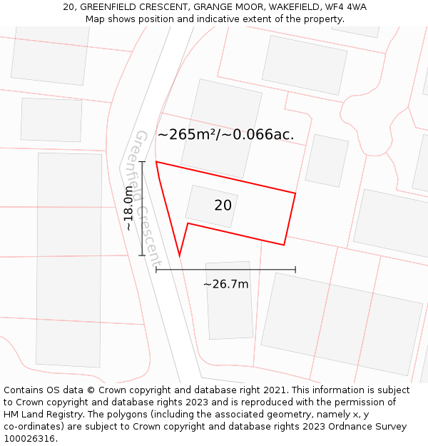 20, GREENFIELD CRESCENT, GRANGE MOOR, WAKEFIELD, WF4 4WA: Plot and title map