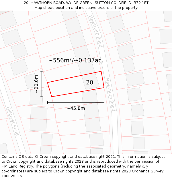 20, HAWTHORN ROAD, WYLDE GREEN, SUTTON COLDFIELD, B72 1ET: Plot and title map