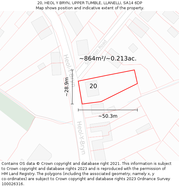 20, HEOL Y BRYN, UPPER TUMBLE, LLANELLI, SA14 6DP: Plot and title map