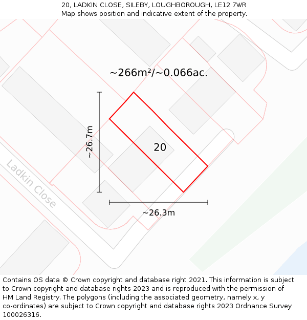 20, LADKIN CLOSE, SILEBY, LOUGHBOROUGH, LE12 7WR: Plot and title map