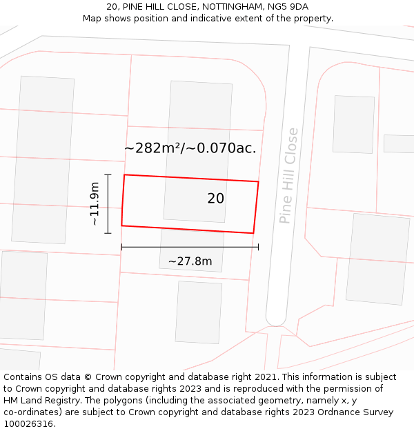 20, PINE HILL CLOSE, NOTTINGHAM, NG5 9DA: Plot and title map