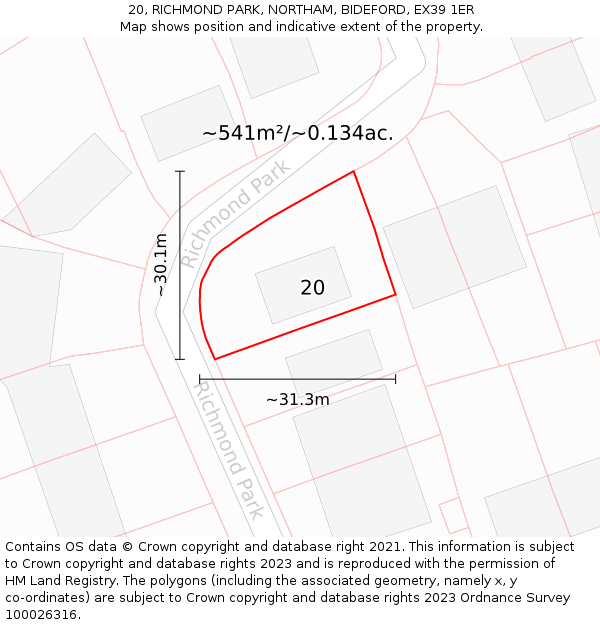 20, RICHMOND PARK, NORTHAM, BIDEFORD, EX39 1ER: Plot and title map