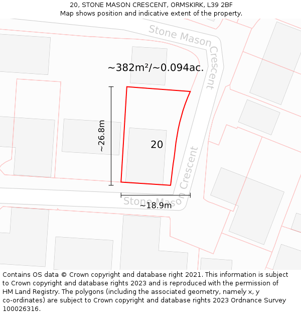 20, STONE MASON CRESCENT, ORMSKIRK, L39 2BF: Plot and title map