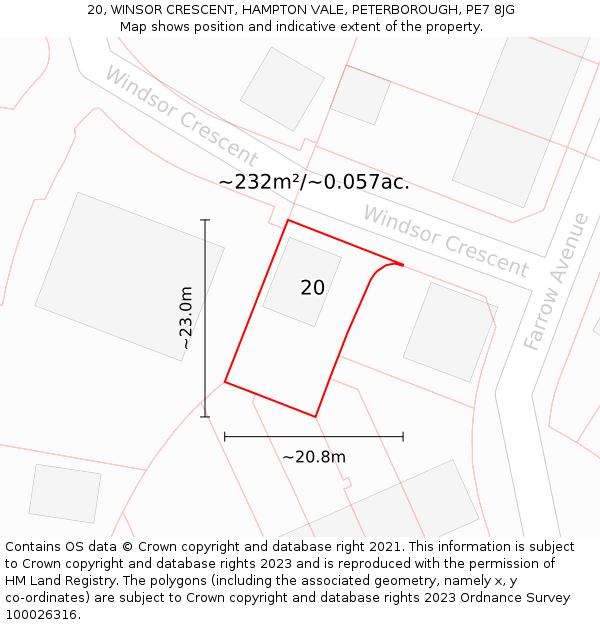 20, WINSOR CRESCENT, HAMPTON VALE, PETERBOROUGH, PE7 8JG: Plot and title map