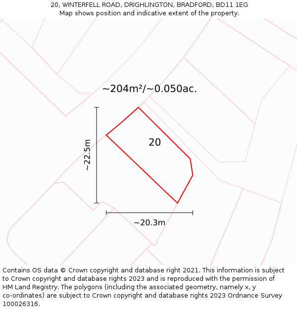 20, WINTERFELL ROAD, DRIGHLINGTON, BRADFORD, BD11 1EG: Plot and title map