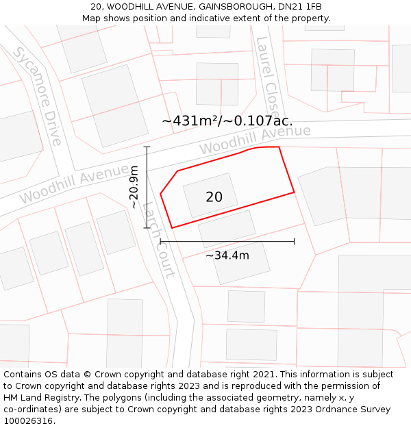 20, WOODHILL AVENUE, GAINSBOROUGH, DN21 1FB: Plot and title map