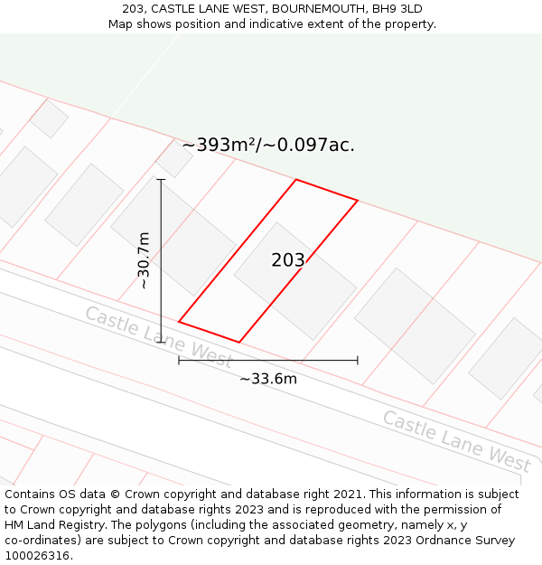 203, CASTLE LANE WEST, BOURNEMOUTH, BH9 3LD: Plot and title map