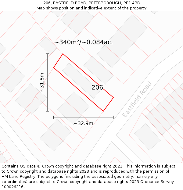 206, EASTFIELD ROAD, PETERBOROUGH, PE1 4BD: Plot and title map