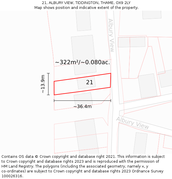 21, ALBURY VIEW, TIDDINGTON, THAME, OX9 2LY: Plot and title map