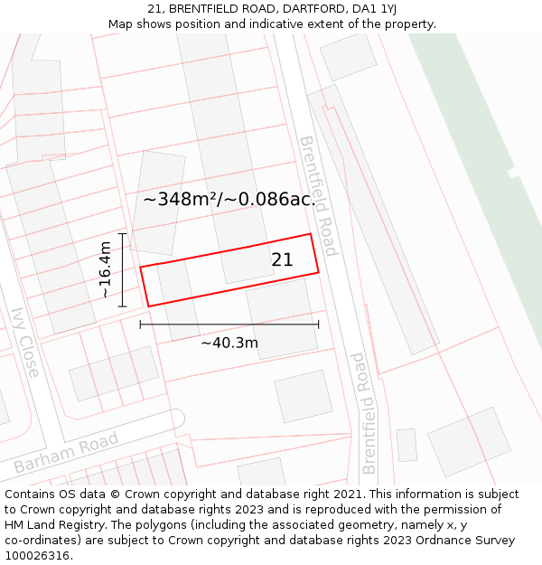 21, BRENTFIELD ROAD, DARTFORD, DA1 1YJ: Plot and title map