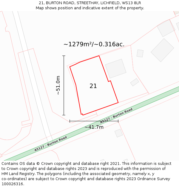 21, BURTON ROAD, STREETHAY, LICHFIELD, WS13 8LR: Plot and title map