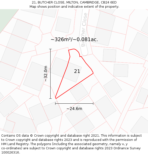 21, BUTCHER CLOSE, MILTON, CAMBRIDGE, CB24 6ED: Plot and title map