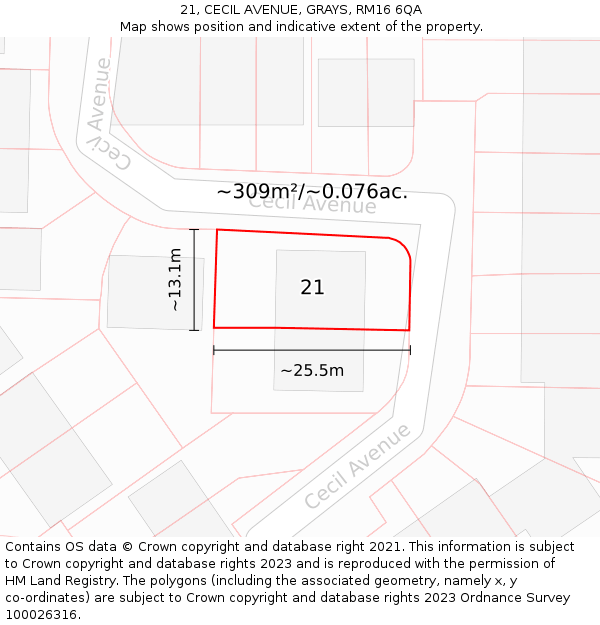 21, CECIL AVENUE, GRAYS, RM16 6QA: Plot and title map