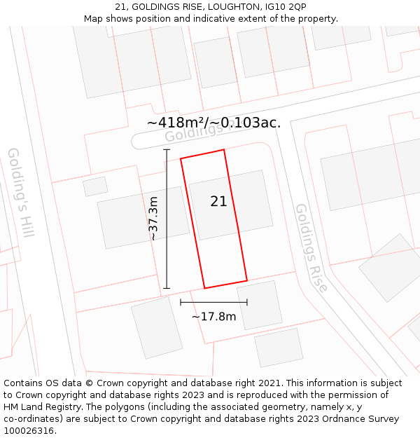 21, GOLDINGS RISE, LOUGHTON, IG10 2QP: Plot and title map