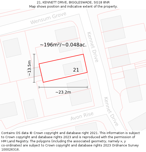 21, KENNETT DRIVE, BIGGLESWADE, SG18 8NR: Plot and title map