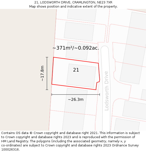 21, LODSWORTH DRIVE, CRAMLINGTON, NE23 7XR: Plot and title map