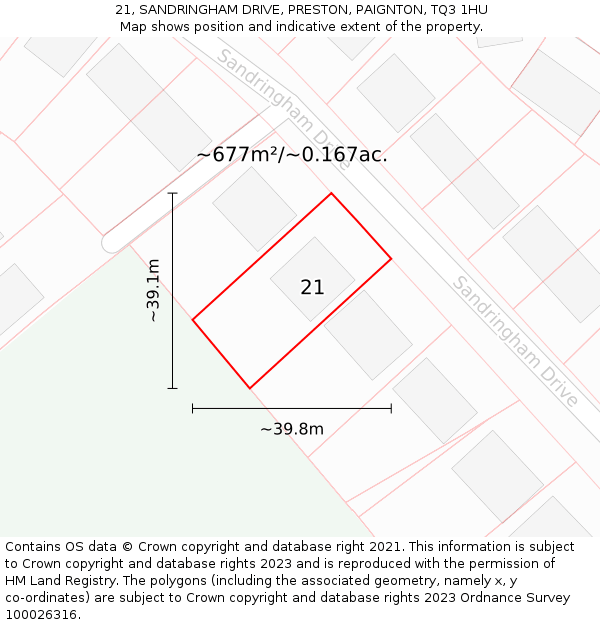 21, SANDRINGHAM DRIVE, PRESTON, PAIGNTON, TQ3 1HU: Plot and title map