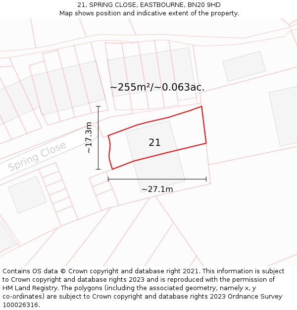 21, SPRING CLOSE, EASTBOURNE, BN20 9HD: Plot and title map