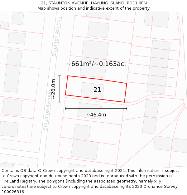 21, STAUNTON AVENUE, HAYLING ISLAND, PO11 0EN: Plot and title map