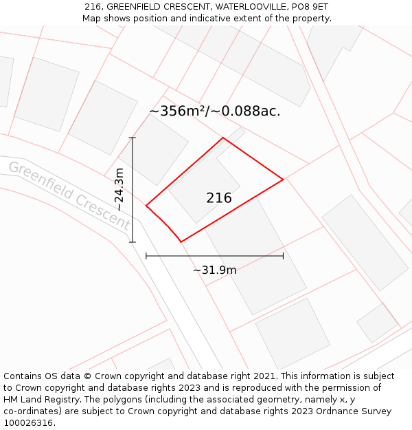 216, GREENFIELD CRESCENT, WATERLOOVILLE, PO8 9ET: Plot and title map