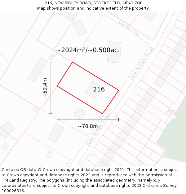 216, NEW RIDLEY ROAD, STOCKSFIELD, NE43 7QF: Plot and title map