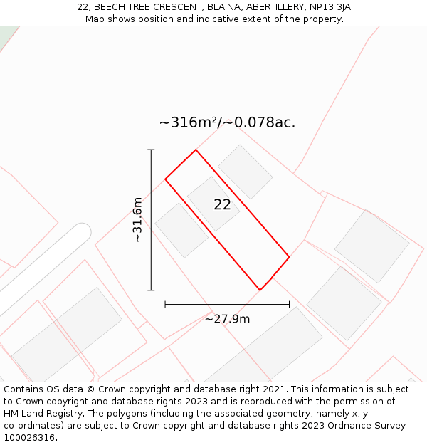 22, BEECH TREE CRESCENT, BLAINA, ABERTILLERY, NP13 3JA: Plot and title map