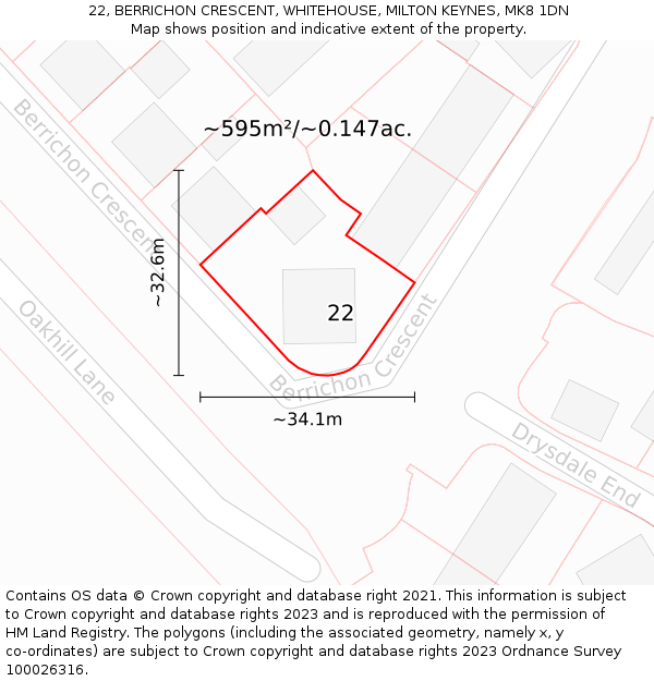 22, BERRICHON CRESCENT, WHITEHOUSE, MILTON KEYNES, MK8 1DN: Plot and title map